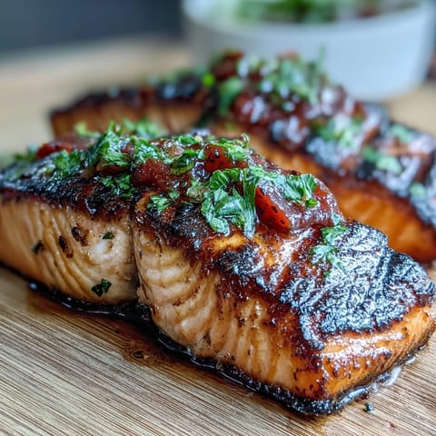 Grilled salmon fillets topped with fresh strawberry salsa and a sprinkle of cilantro, a bright and flavorful spring dinner.