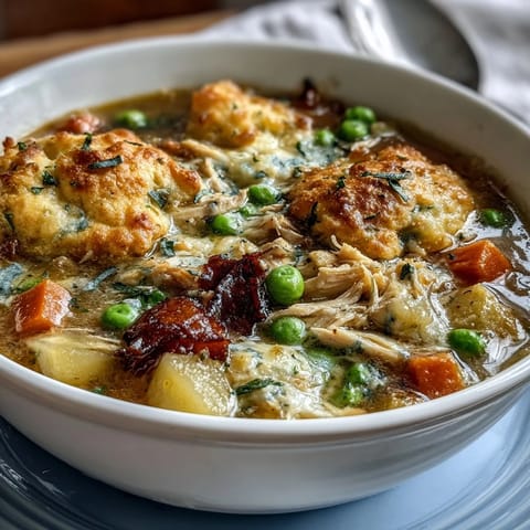 Slow Cooker Chicken Pot Pie Soup with tender chicken and vegetables in a creamy, savory broth.