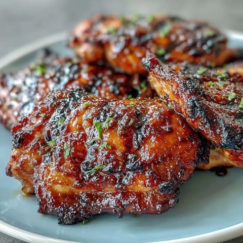 Honey garlic grilled chicken thighs sizzling on the barbecue, glazed with a sticky sweet and savory marinade.