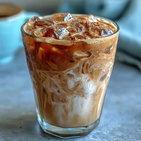 Iced brown sugar oat milk shaken espresso with frothy espresso and creamy oat milk in a tall glass, garnished with cinnamon.