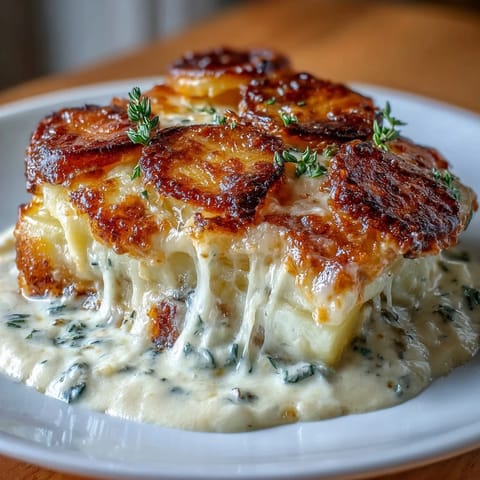 Creamy scalloped potatoes with Gruyere cheese baked until golden and bubbling, a perfect holiday side dish.