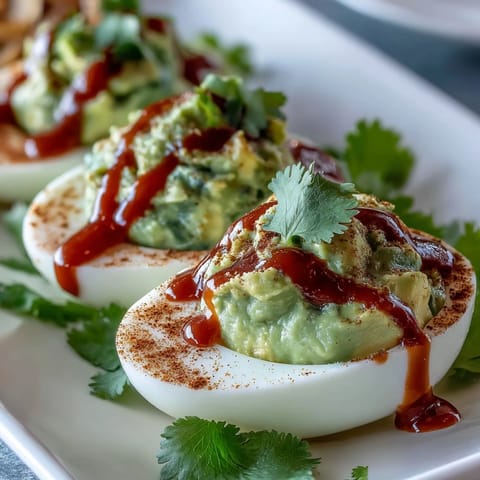 Vibrant deviled eggs filled with avocado-lime mixture, topped with Sriracha for a zesty kick.  