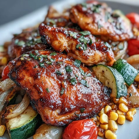 Vibrant sheet pan chicken with zucchini and corn, roasted to golden perfection with juicy tomatoes and red onion.