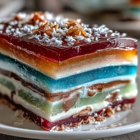 Silky, layered Rainbow Jelly Cake, a refreshing dairy-free dessert delight.