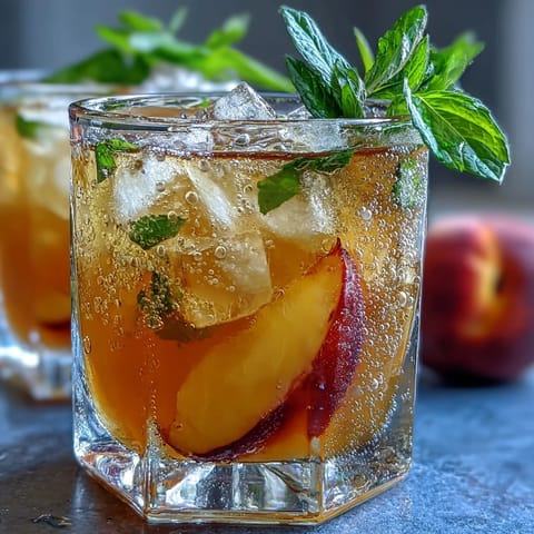 Refreshing Iced Peach Green Tea Lemonade, a copycat Starbucks drink, with fresh fruit.