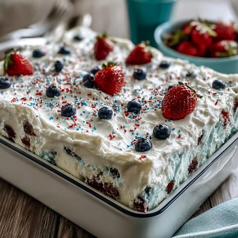 Vibrant red and blue gelatin swirls through this Memorial Day poke cake.