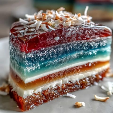 Vibrant Rainbow Jelly Cake with Agar-Agar, topped with creamy coconut.