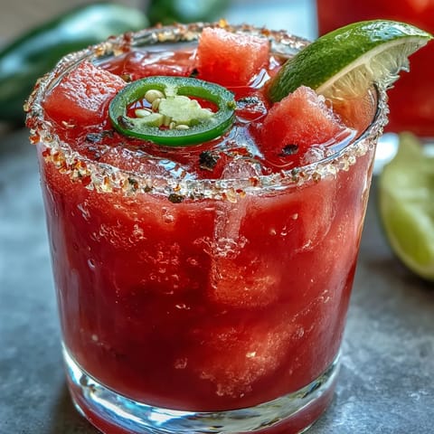 Vibrant Cinco de Mayo Watermelon Jalapeño Margarita Mocktail with salt rim.