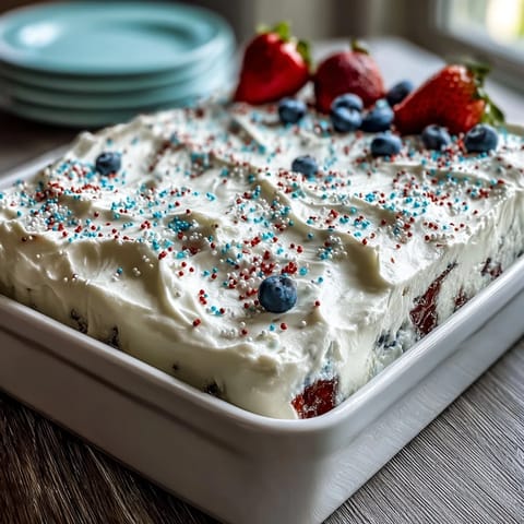 Festive Memorial Day Red White Blue Poke Cake with creamy topping and patriotic sprinkles.