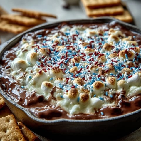 Festive 3-ingredient S'mores Dip, golden marshmallows melting over rich chocolate in cast iron pan.