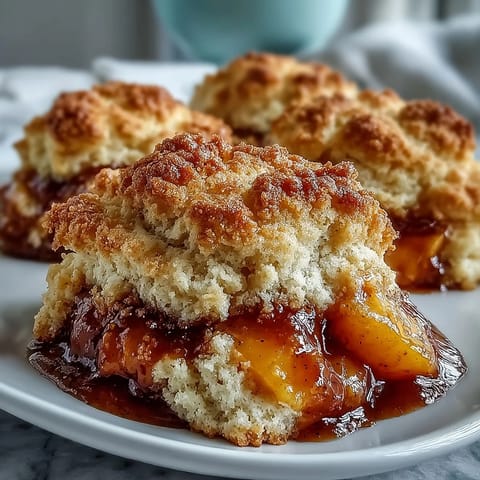 Close-up of fluffy biscuits nestled atop a vibrant peach filling, baked perfectly.
