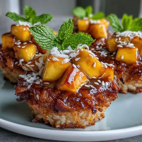 Sweet Coconut Mango Sticky Rice Cups, a tropical, creamy treat topped with vibrant mango chunks.