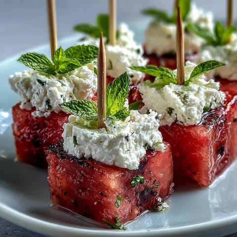 Refreshing watermelon feta bites on toothpicks, colorful and perfect party appetizers.