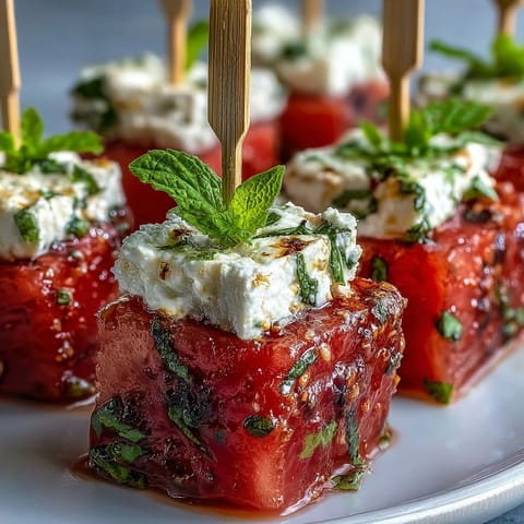 Juicy watermelon feta bites, a breezy, no-cook appetizer with fresh mint.