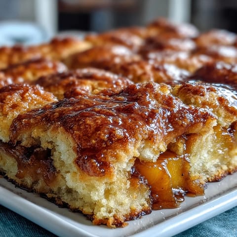 Warm peach cobbler with golden biscuit topping, bubbling and ready to serve.