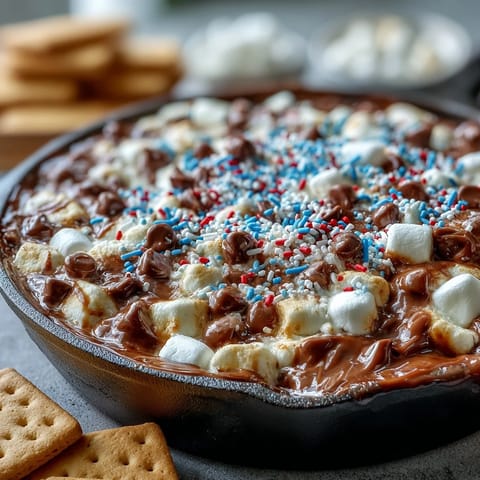 Gooey 4th of July S'mores Dip bubbling in a cast iron skillet, ready to scoop.