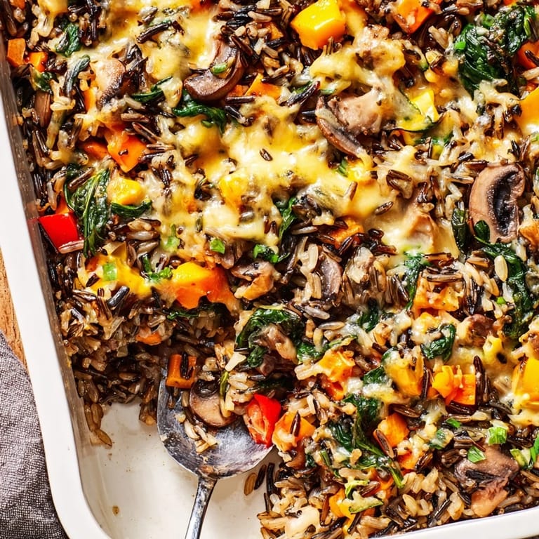 Golden-brown Wild Rice Casserole bubbling in a baking dish, served as a hearty vegetarian side dish.