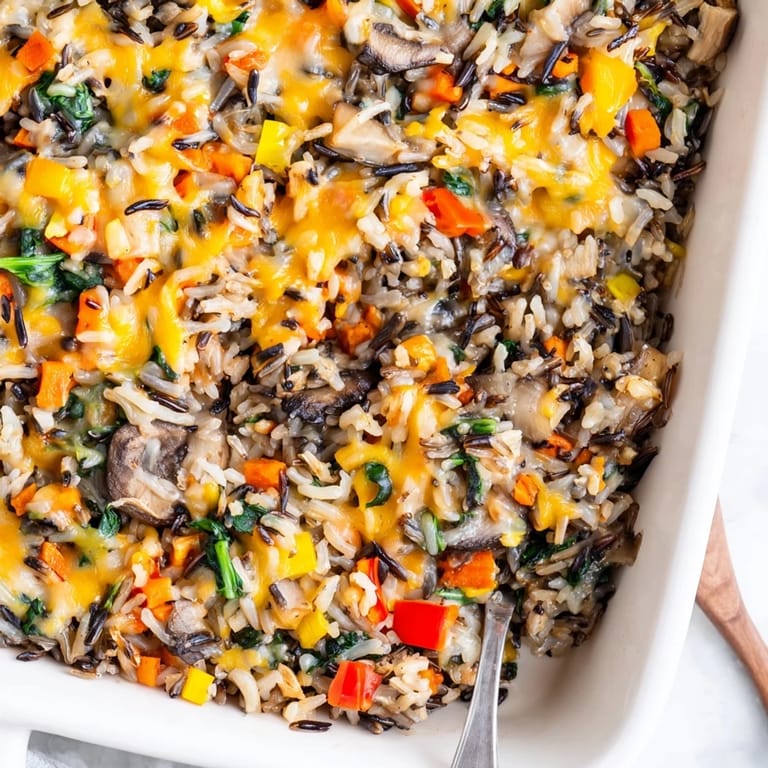 A spoon scooping a portion of Wild Rice Casserole with spinach and thyme, ready for dinner.