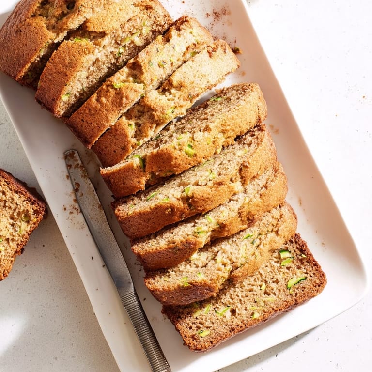 Moist Zucchini Bread slices with warm cinnamon spice, perfect for breakfast with a pat of butter.