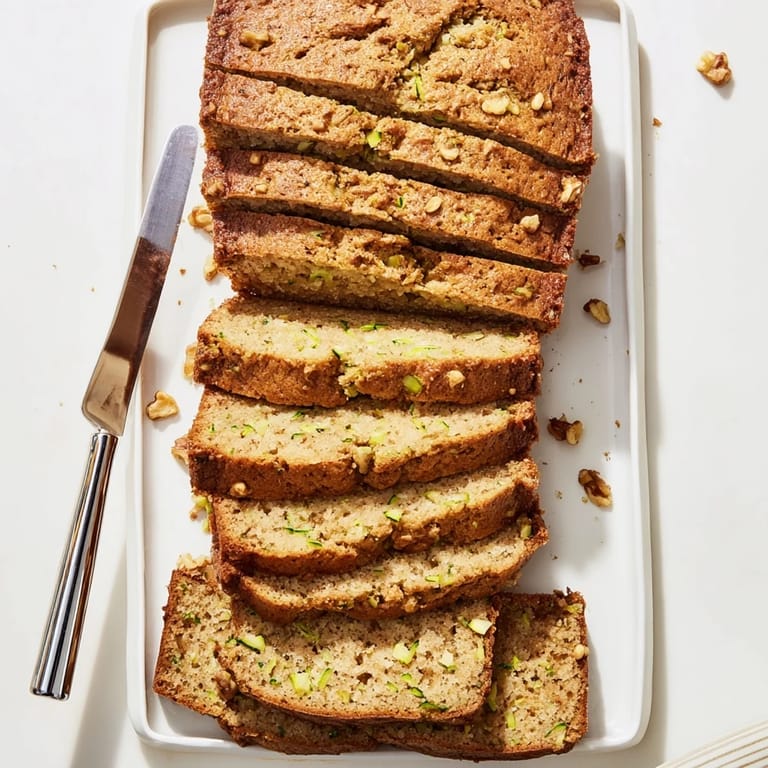 Golden brown Zucchini Bread loaf with crunchy nuts, freshly baked for a cozy afternoon snack.