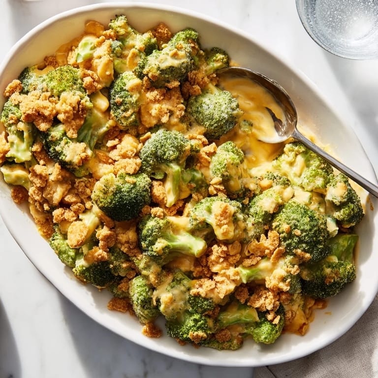 Freshly baked Broccoli Casserole featuring tender green florets in a rich, velvety cheese sauce.