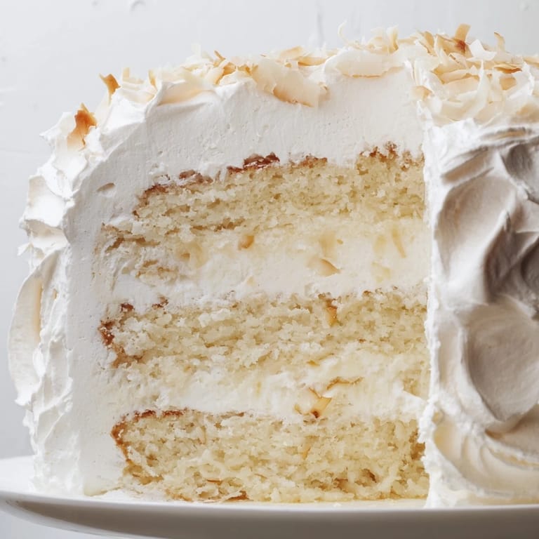 Sliced wedge of fluffy Coconut Cake showing fluffy layers, creamy filling, and toasted coconut flakes on a white plate.
