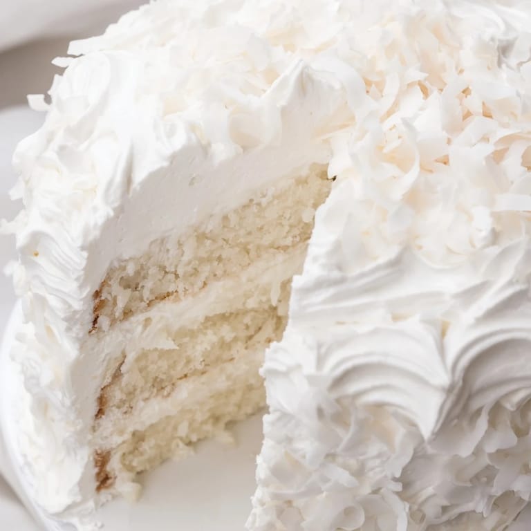 Homemade layered Coconut Cake with snowy seven-minute frosting and shredded coconut, perfect for a celebratory dessert table.