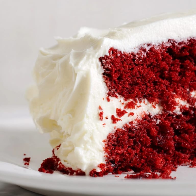 A freshly frosted Red Velvet Cake slice reveals a velvety crumb and rich cream cheese frosting.