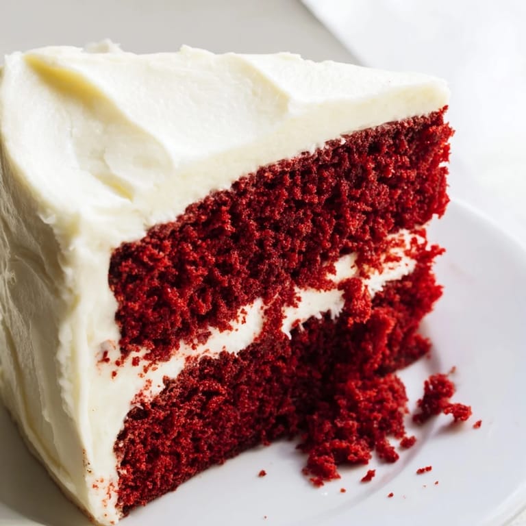 Close up of a rich Red Velvet Cake slice on a plate with coffee for a cozy dessert.