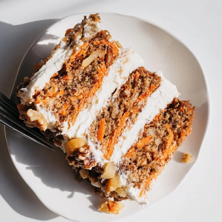 Whole Carrot Cake with cream cheese frosting and chopped walnuts, ready to serve at a spring gathering.