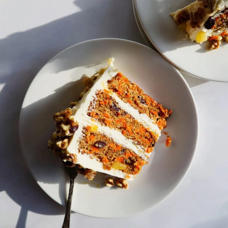 Moist homemade Carrot Cake layered with pineapple and nuts, topped with rich cream cheese frosting on a cake stand.