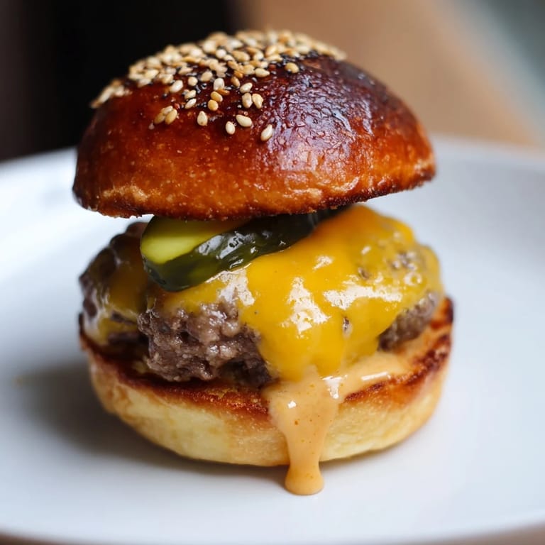Close-up of juicy mini hamburgers topped with tangy pickles and onions, arranged on a serving tray for family dinner.