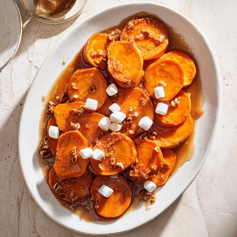 Glazed sweet potato rounds for Candied Yams, topped with toasted pecans and warm spices.
