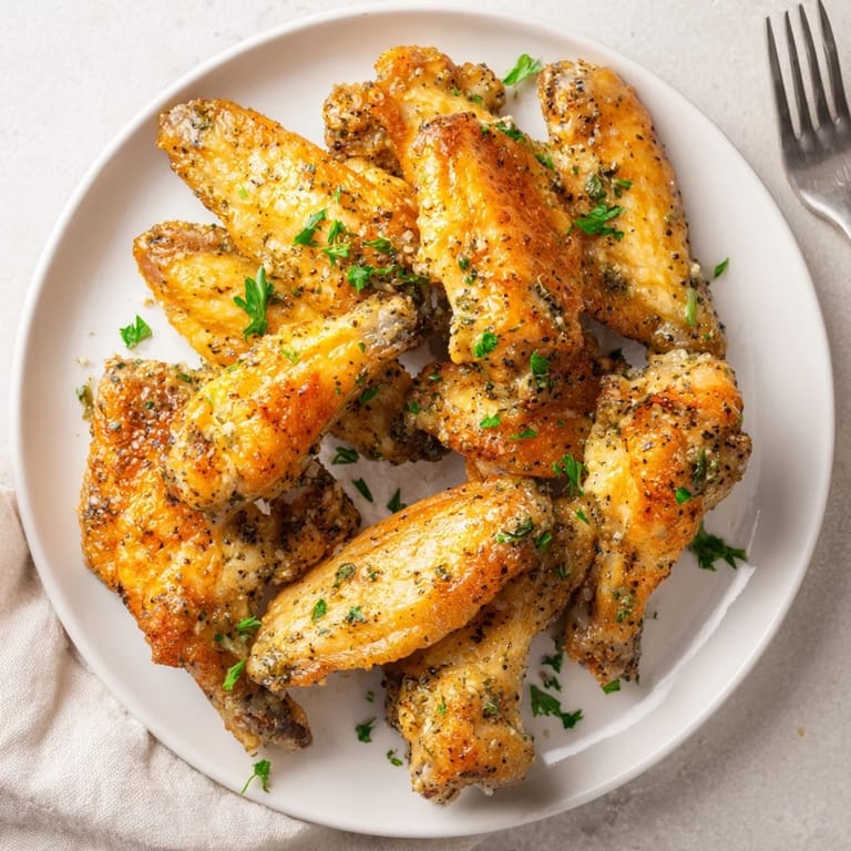 Oven baked Lemon Pepper Wings tossed in a tangy lemon pepper butter sauce, served on a platter with fresh parsley garnish.