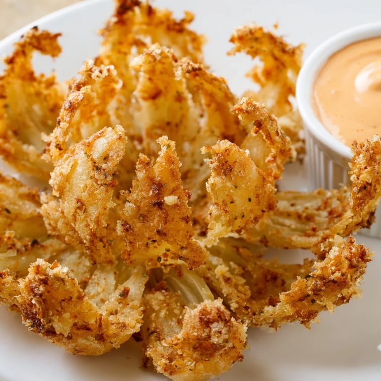 A close-up of breaded and fried onion petals with a zesty dipping sauce for game day snacking.