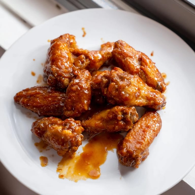 Close-up of sticky Honey BBQ Chicken Wings with visible herb garnish, showcasing juicy meat and caramelized glaze on the wings.