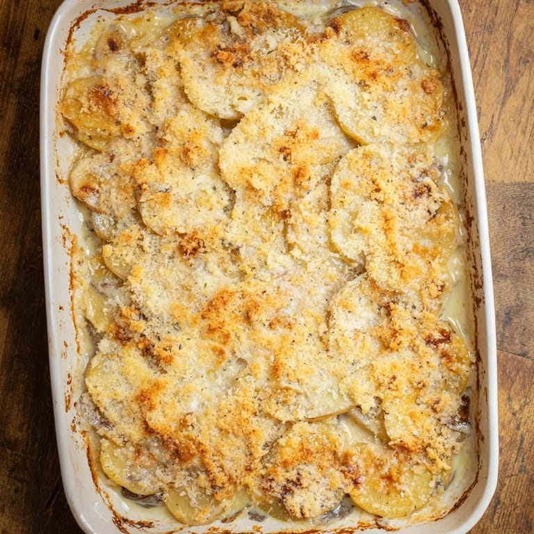 Serving of homemade Au Gratin Potatoes, a perfect side dish for roasted meats.