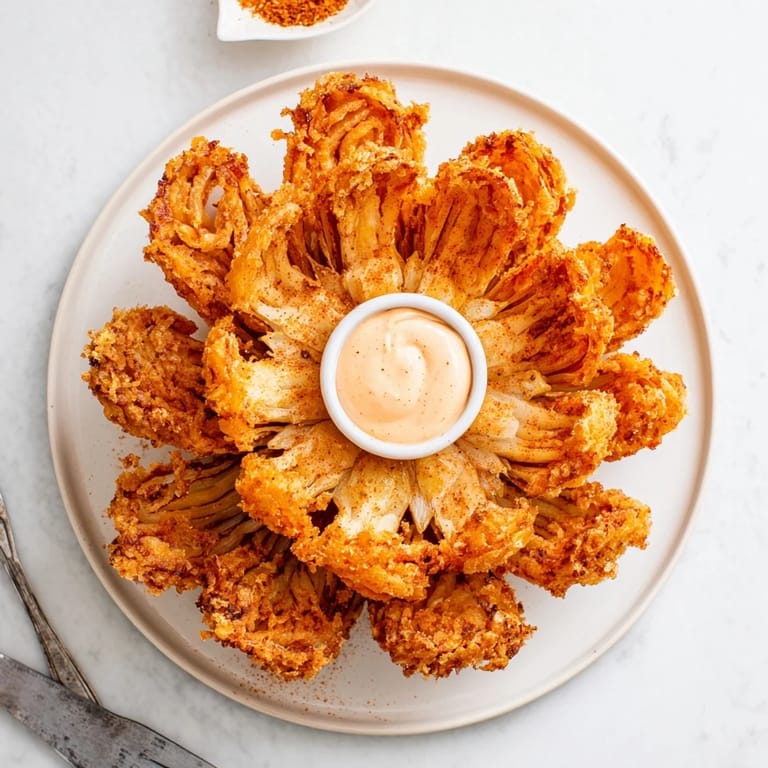 This golden-fried Blooming Onion appetizer sits beside a ramekin of creamy, tangy dipping sauce.