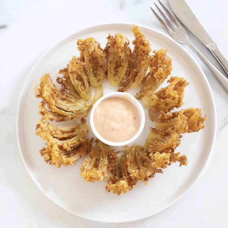 Freshly fried Blooming Onion petals are drizzled with creamy sauce, served hot on a platter.