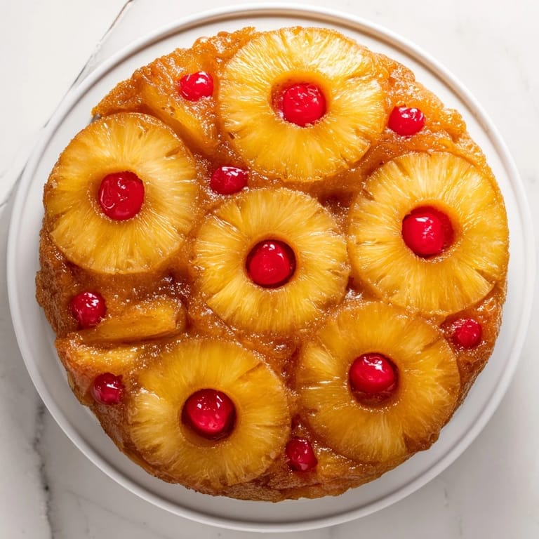 A slice of warm Pineapple Upside-Down Cake revealing a buttery vanilla crumb and glossy fruit topping, ready to eat.