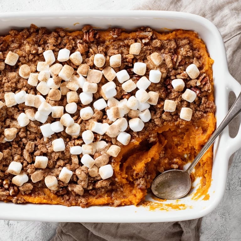 Creamy Sweet Potato Casserole topped with crunchy pecan streusel on a rustic table.
