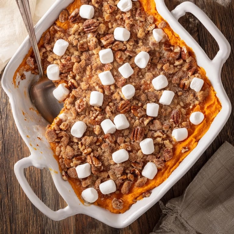 Homemade Sweet Potato Casserole served warm, a classic Thanksgiving side dish on a plate.