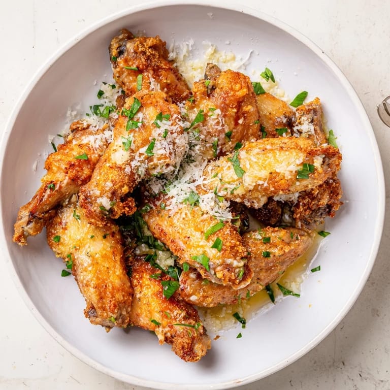 Oven-baked Garlic Parmesan Wings on a wire rack, dusted with smoked paprika and ready to be tossed in garlic butter.