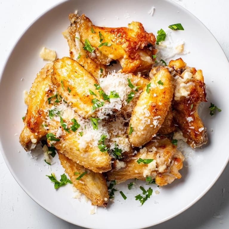 Serving platter piled high with Garlic Parmesan Wings, garnished with fresh parsley and served alongside celery sticks and ranch dip.