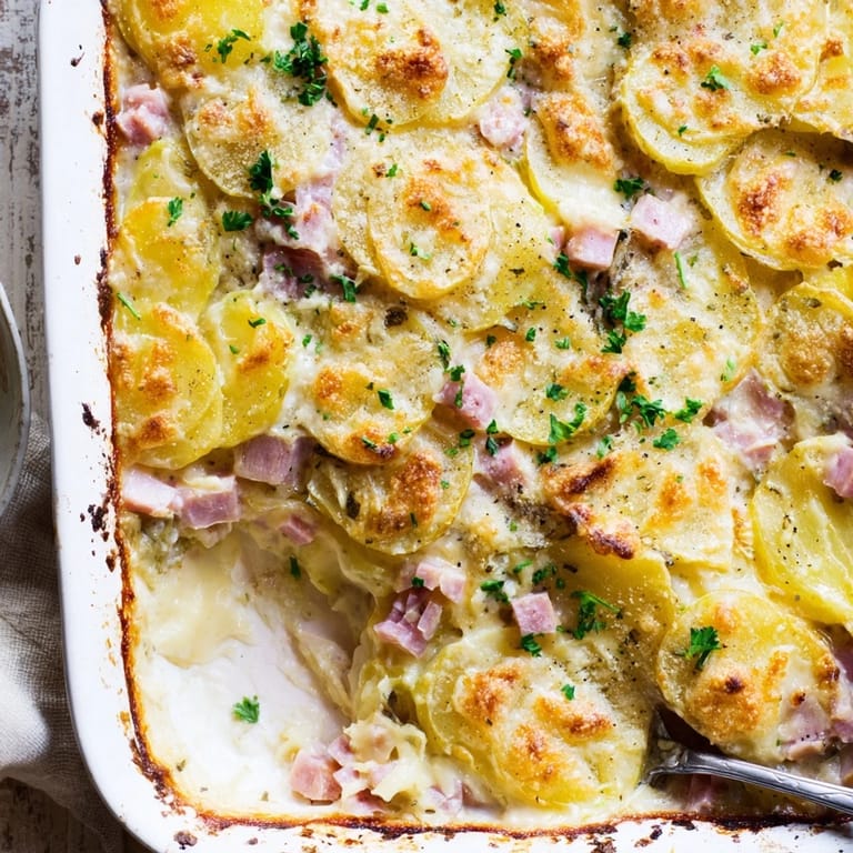 Rustic kitchen table with a serving of Scalloped Potatoes with Ham next to a green salad and a glass of white wine.