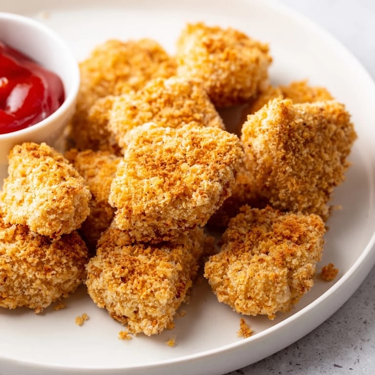 Freshly fried tender chicken nuggets served with ketchup and barbecue sauce.