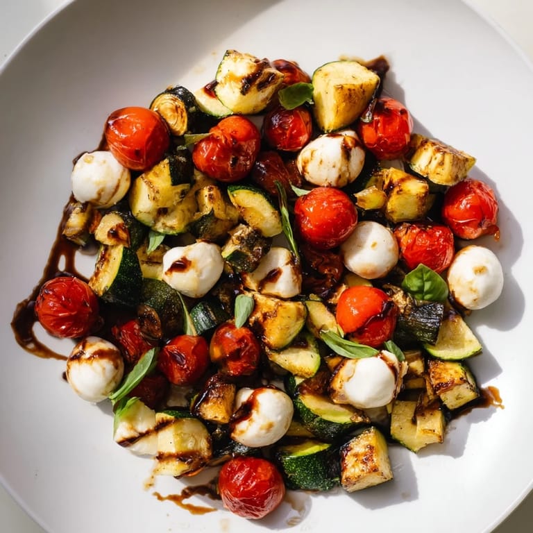 Roasted Veggie Caprese Salad featuring tender, caramelized vegetables, creamy mozzarella, and a sweet-tangy balsamic glaze on a rustic serving platter.