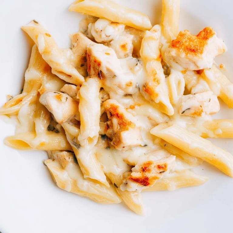 Freshly baked Chicken Ranch Pasta Bake topped with melted mozzarella and herbs, ready to serve with a side salad.