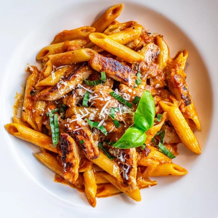 Steam rises from a skillet of zesty chili-infused tomato sauce tossed with perfectly al dente penne pasta.