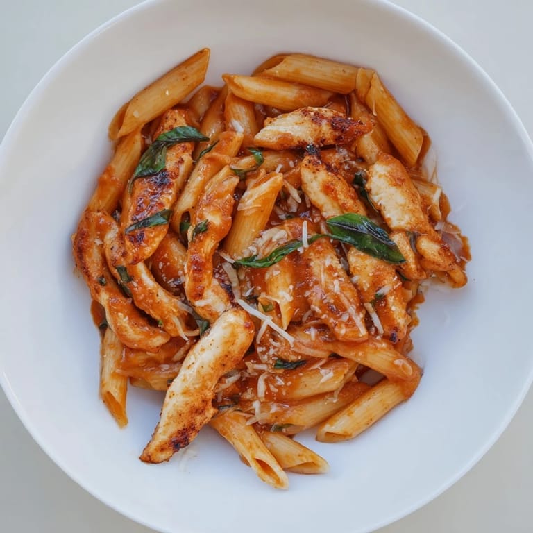 Spicy tomato chicken pasta is served hot, with melted Parmesan cheese and a side salad for a complete meal.